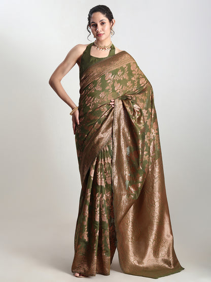 Janasya Women's Green Silk Blend Floral Woven Design Jacquard Saree with Blouse Piece