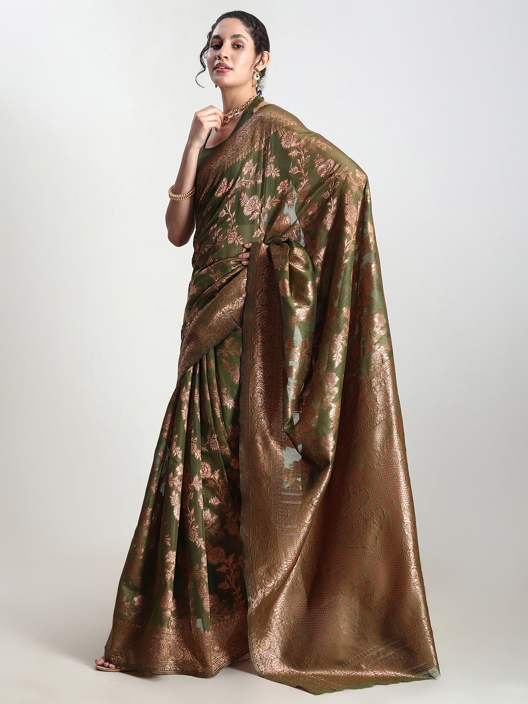Janasya Women's Green Silk Blend Floral Woven Design Jacquard Saree with Blouse Piece