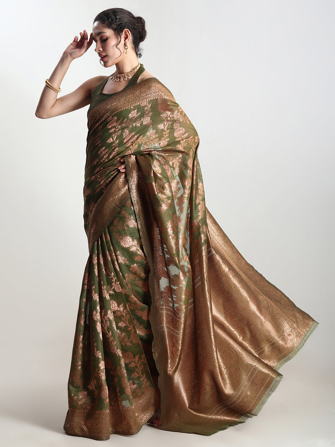 Janasya Women's Green Silk Blend Floral Woven Design Jacquard Saree with Blouse Piece