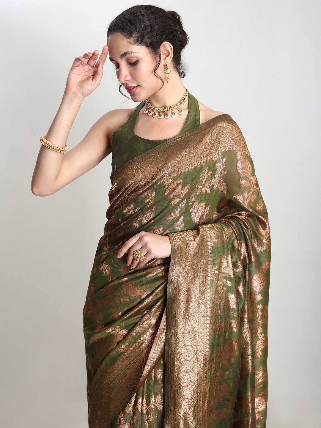 Janasya Women's Green Silk Blend Floral Woven Design Jacquard Saree with Blouse Piece