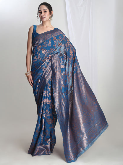 Janasya Women's Blue Silk Blend Floral Woven Design Jacquard Saree with Blouse Piece