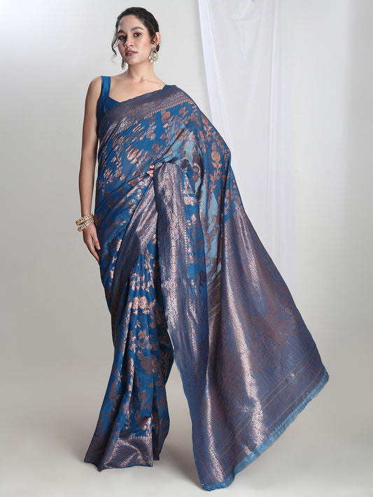 Janasya Women's Blue Silk Blend Floral Woven Design Jacquard Saree with Blouse Piece