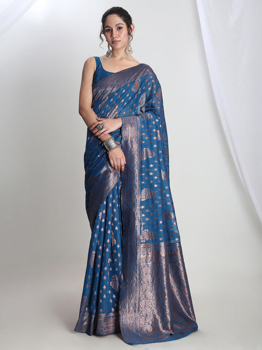 Janasya Women's Teal Blue Silk Blend Floral Woven Design Jacquard Saree with Blouse Piece