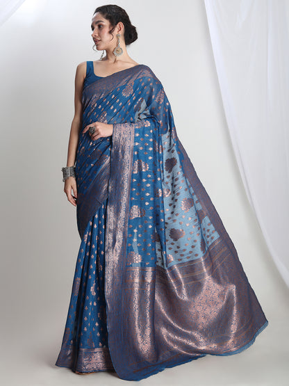 Janasya Women's Teal Blue Silk Blend Floral Woven Design Jacquard Saree with Blouse Piece