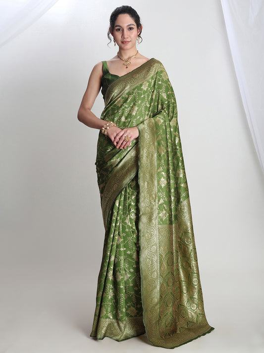 Janasya Women's Green Silk Blend Geometric Woven Design Jacquard Saree with Blouse Piece
