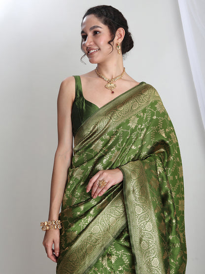 Janasya Women's Green Silk Blend Geometric Woven Design Jacquard Saree with Blouse Piece