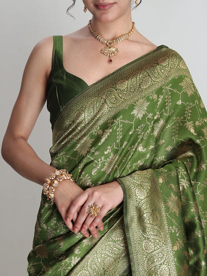 Janasya Women's Green Silk Blend Geometric Woven Design Jacquard Saree with Blouse Piece