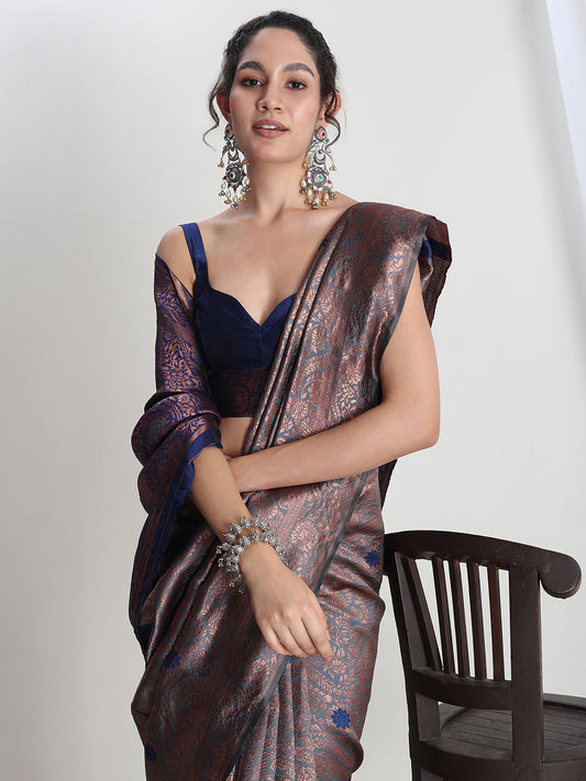 Janasya Women's Grey Silk Blend Floral Woven Design Jacquard Saree with Blouse Piece