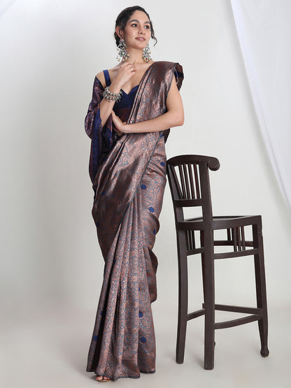 Janasya Women's Grey Silk Blend Floral Woven Design Jacquard Saree with Blouse Piece