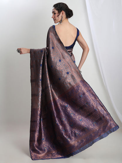 Janasya Women's Grey Silk Blend Floral Woven Design Jacquard Saree with Blouse Piece
