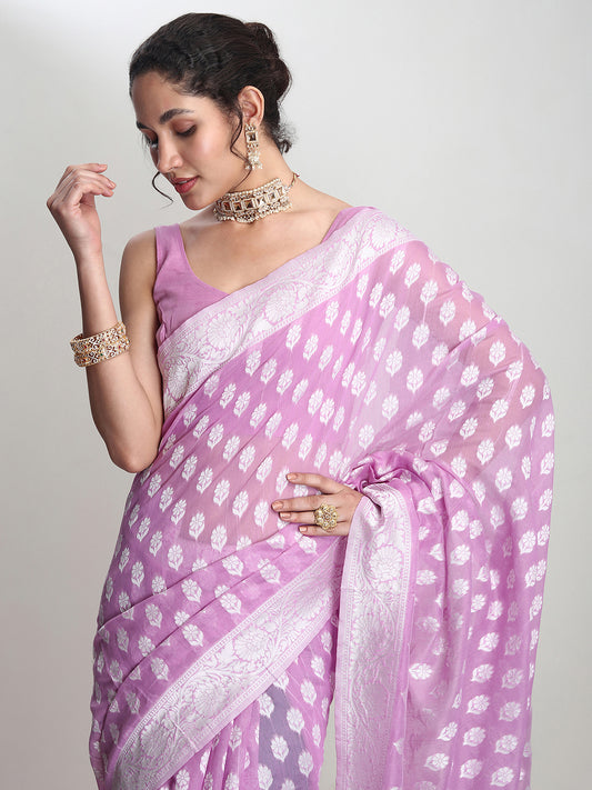 Janasya Women's Lavender Silk Blend Floral Woven Design Jacquard Saree with Blouse Piece