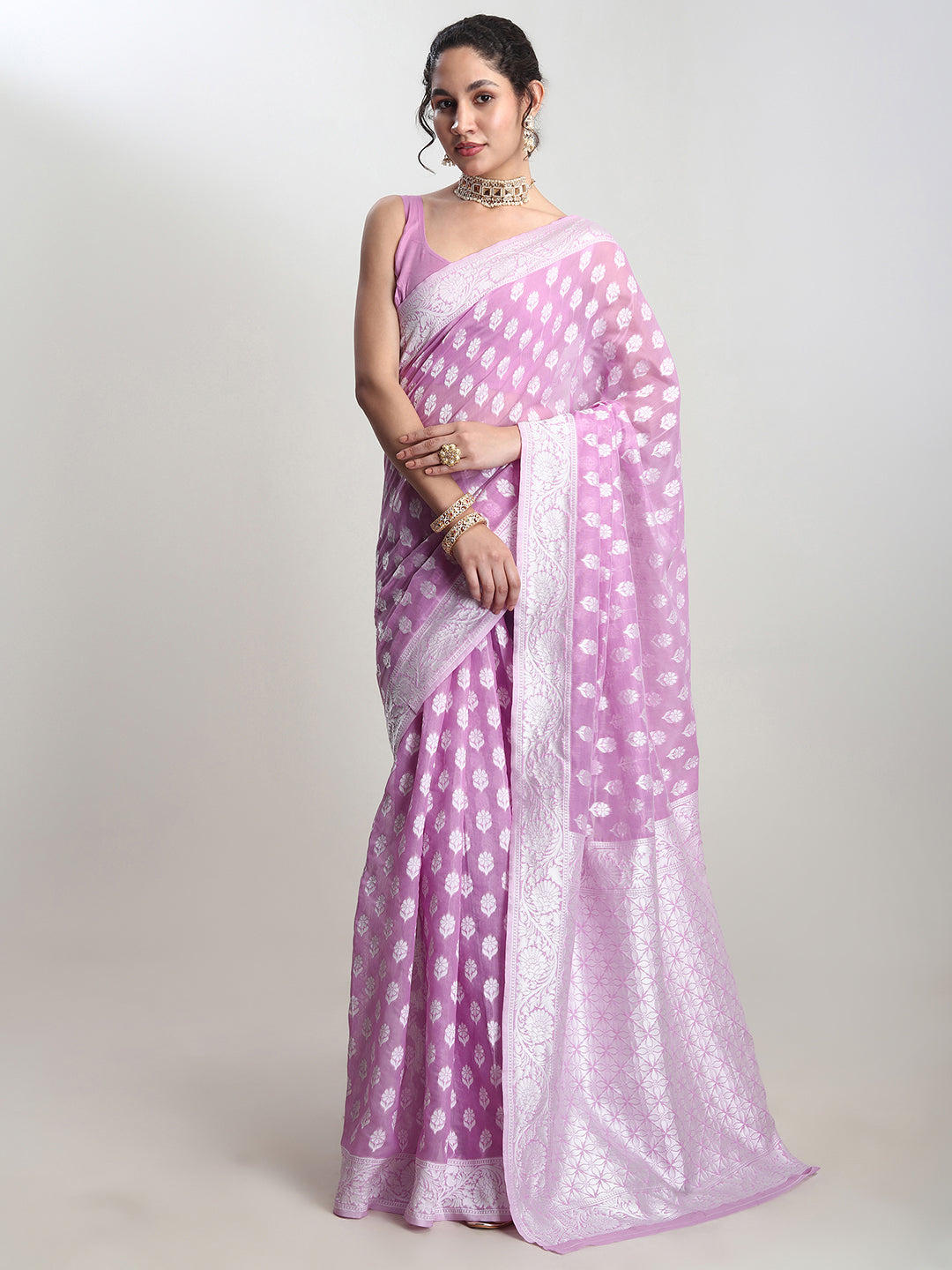 Janasya Women's Lavender Silk Blend Floral Woven Design Jacquard Saree with Blouse Piece