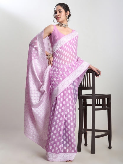 Janasya Women's Lavender Silk Blend Floral Woven Design Jacquard Saree with Blouse Piece
