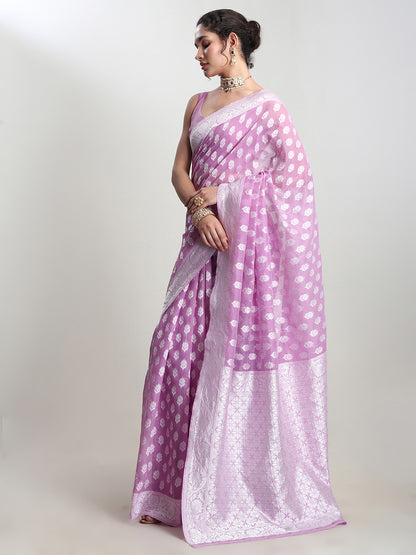 Janasya Women's Lavender Silk Blend Floral Woven Design Jacquard Saree with Blouse Piece