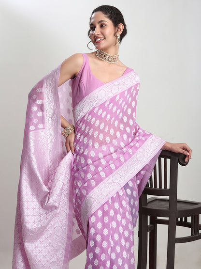 Janasya Women's Lavender Silk Blend Floral Woven Design Jacquard Saree with Blouse Piece