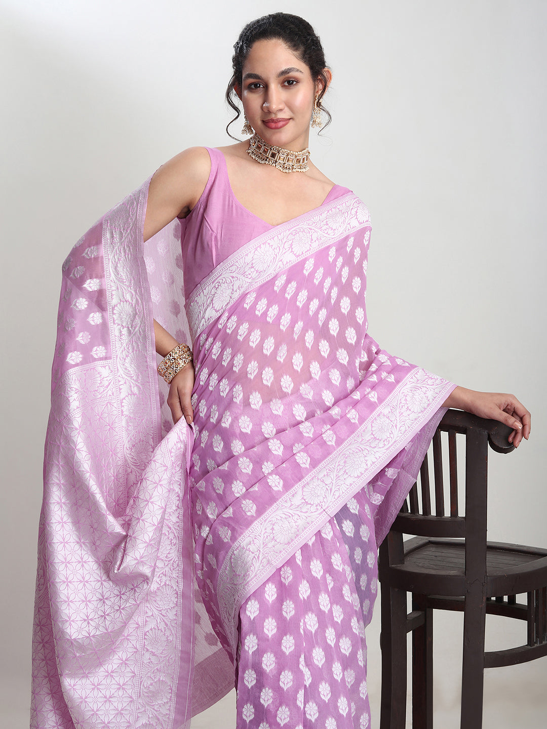 Janasya Women's Lavender Silk Blend Floral Woven Design Jacquard Saree with Blouse Piece