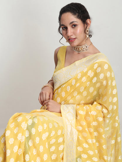 Janasya Women's Yellow Silk Blend Floral Woven Design Jacquard Saree with Blouse Piece