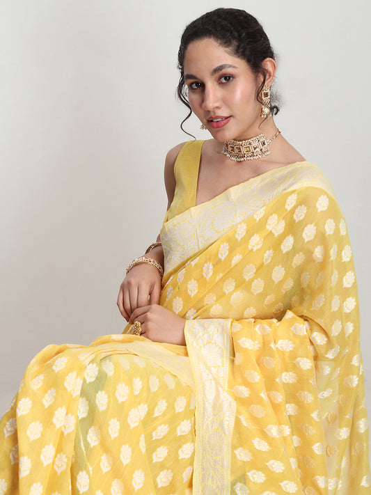 Janasya Women's Yellow Silk Blend Floral Woven Design Jacquard Saree with Blouse Piece