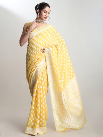 Janasya Women's Yellow Silk Blend Floral Woven Design Jacquard Saree with Blouse Piece