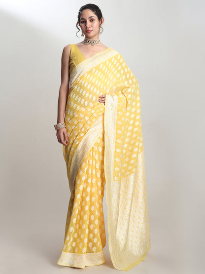 Janasya Women's Yellow Silk Blend Floral Woven Design Jacquard Saree with Blouse Piece
