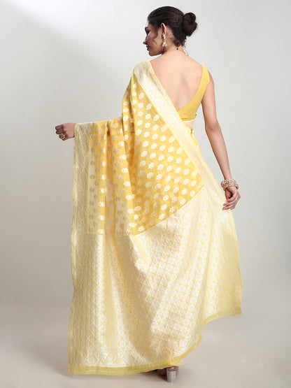 Janasya Women's Yellow Silk Blend Floral Woven Design Jacquard Saree with Blouse Piece