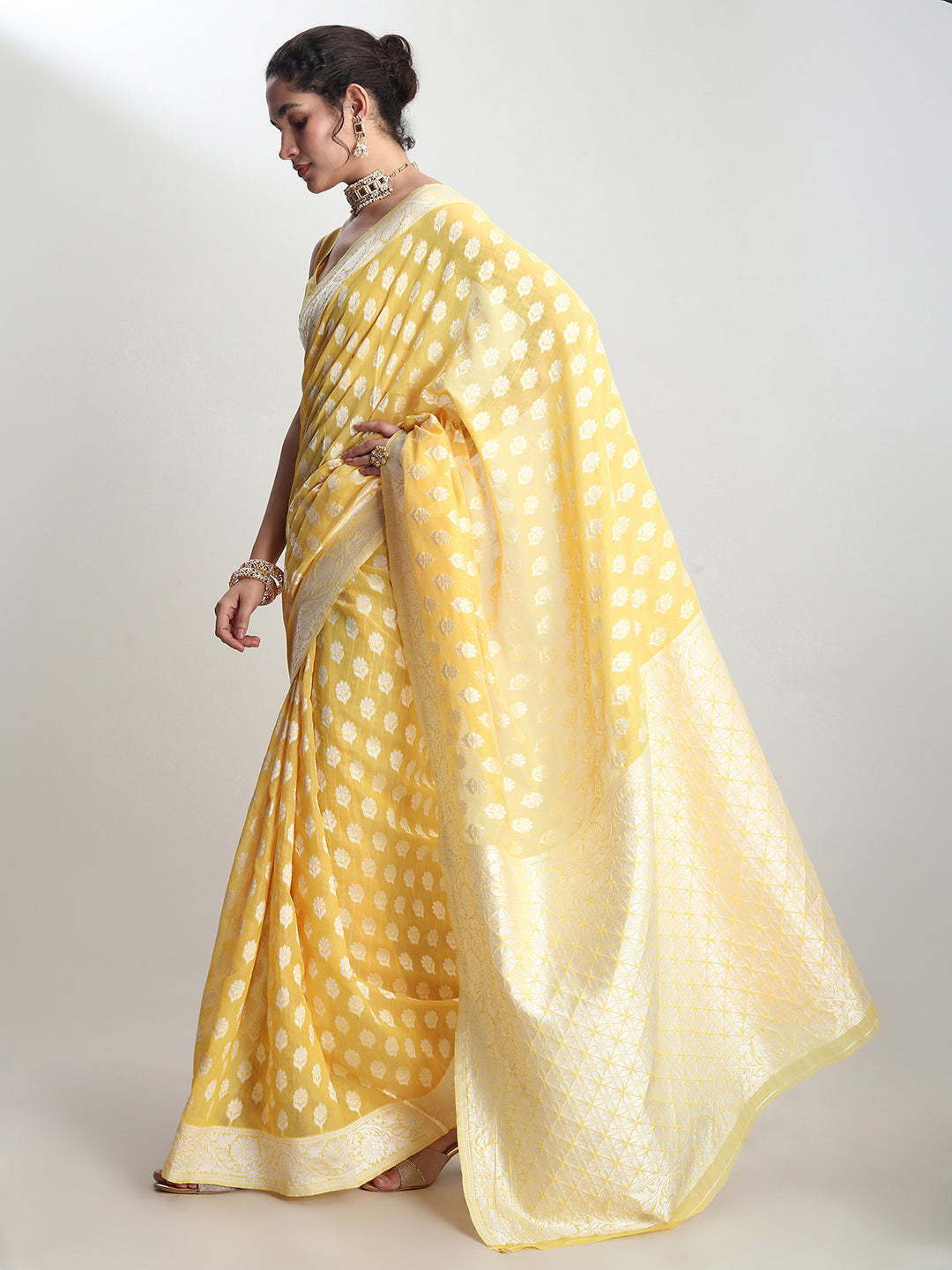 Janasya Women's Yellow Silk Blend Floral Woven Design Jacquard Saree with Blouse Piece