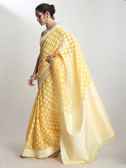 Janasya Women's Yellow Silk Blend Floral Woven Design Jacquard Saree with Blouse Piece