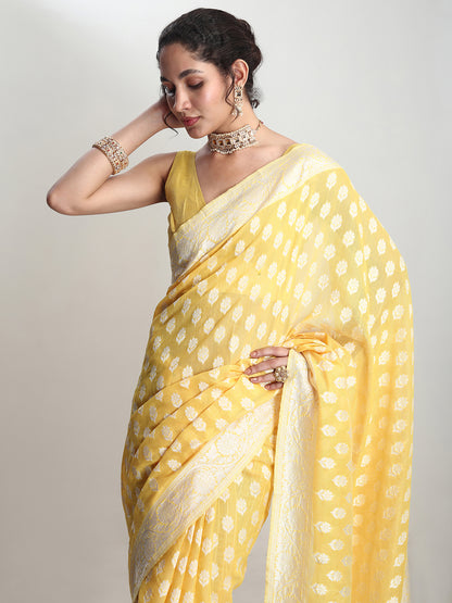 Janasya Women's Yellow Silk Blend Floral Woven Design Jacquard Saree with Blouse Piece