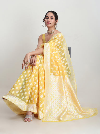 Janasya Women's Yellow Silk Blend Floral Woven Design Jacquard Saree with Blouse Piece
