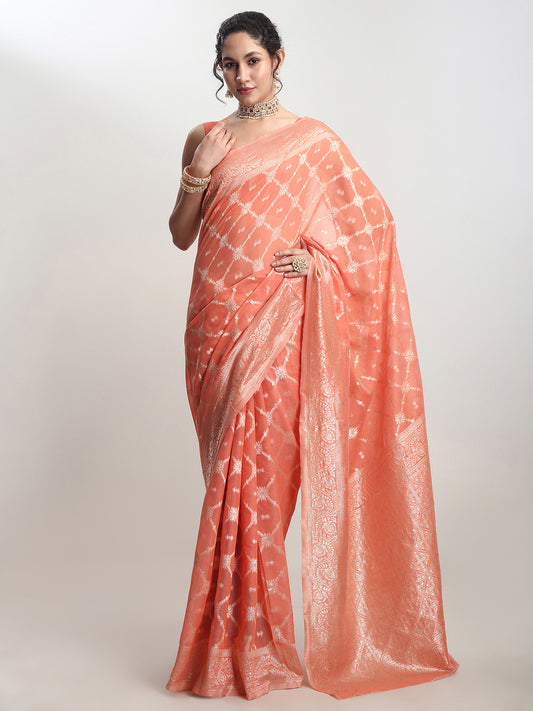 Janasya Women's Peach Silk Blend Geometric Woven Design Jacquard Saree with Blouse Piece