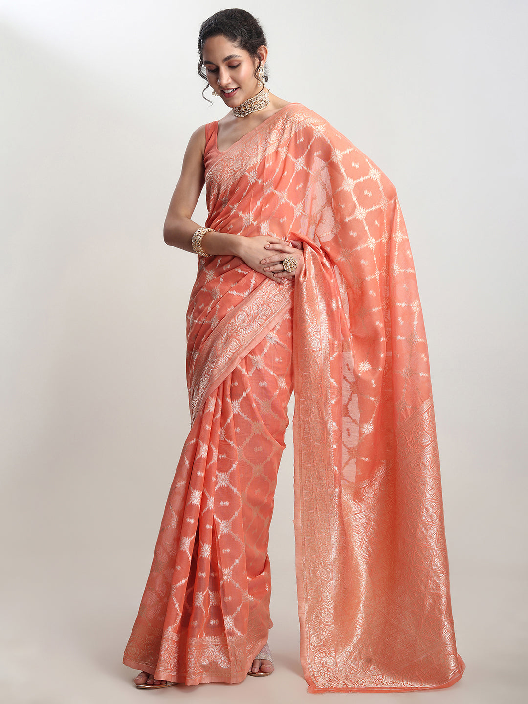 Janasya Women's Peach Silk Blend Geometric Woven Design Jacquard Saree with Blouse Piece