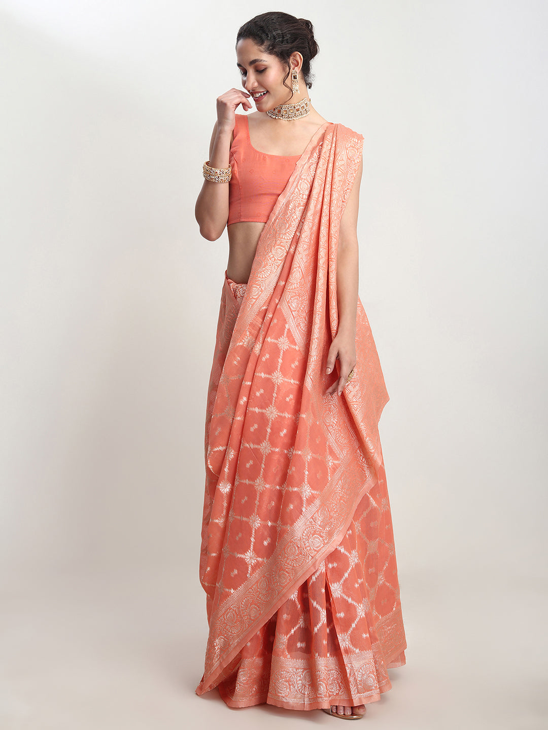 Janasya Women's Peach Silk Blend Geometric Woven Design Jacquard Saree with Blouse Piece