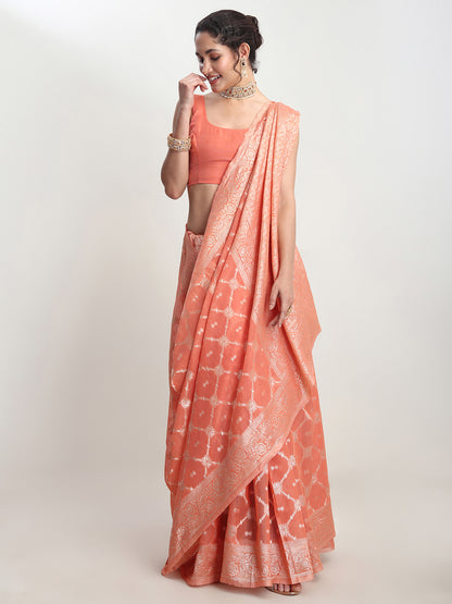 Janasya Women's Peach Silk Blend Geometric Woven Design Jacquard Saree with Blouse Piece