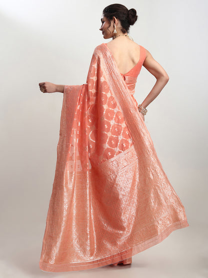 Janasya Women's Peach Silk Blend Geometric Woven Design Jacquard Saree with Blouse Piece