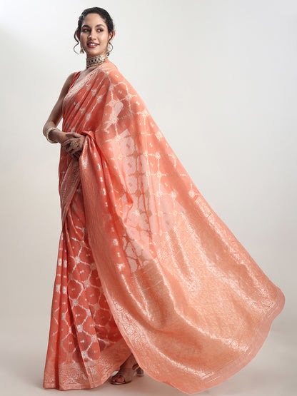 Janasya Women's Peach Silk Blend Geometric Woven Design Jacquard Saree with Blouse Piece