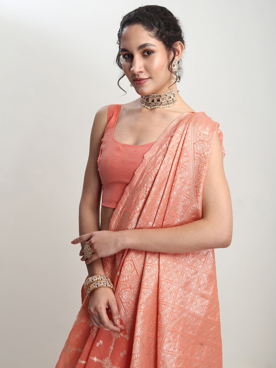 Janasya Women's Peach Silk Blend Geometric Woven Design Jacquard Saree with Blouse Piece