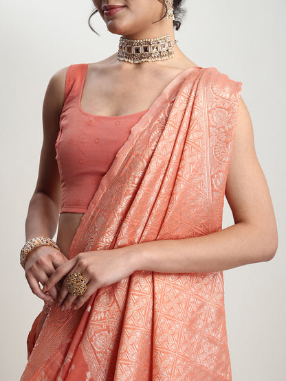 Janasya Women's Peach Silk Blend Geometric Woven Design Jacquard Saree with Blouse Piece