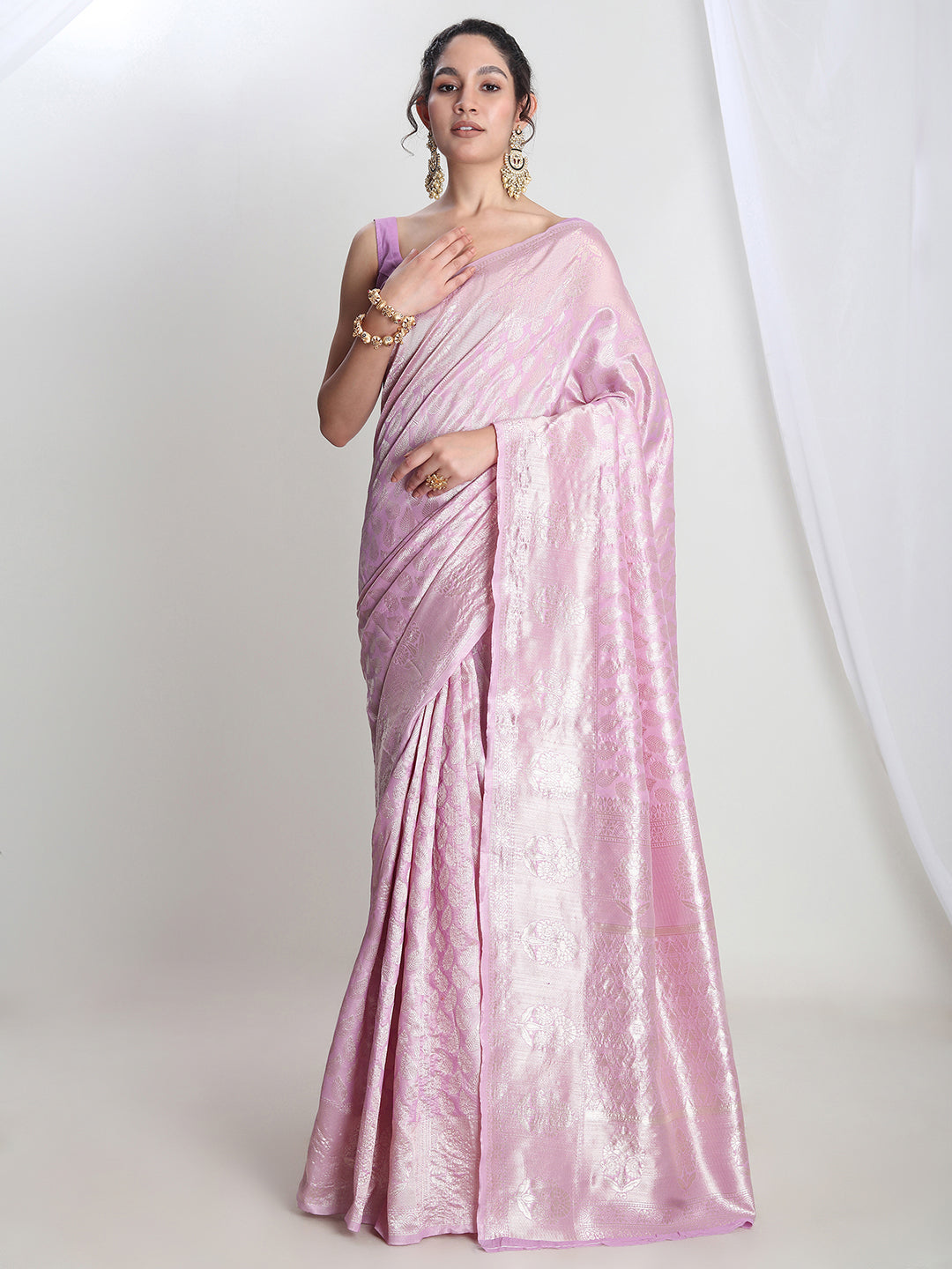 Janasya Women's Lavender Silk Blend Leaf Motifs Woven Design Jacquard Saree with Blouse Piece