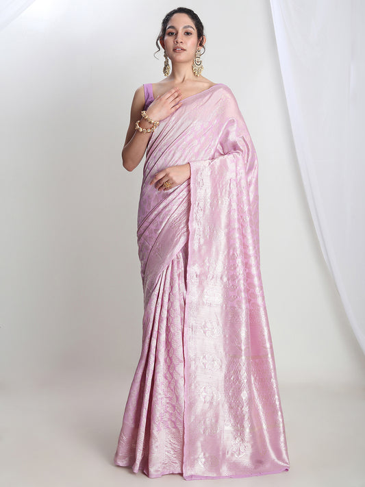 Janasya Women's Lavender Silk Blend Leaf Motifs Woven Design Jacquard Saree with Blouse Piece