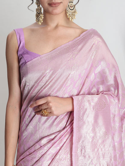 Janasya Women's Lavender Silk Blend Leaf Motifs Woven Design Jacquard Saree with Blouse Piece