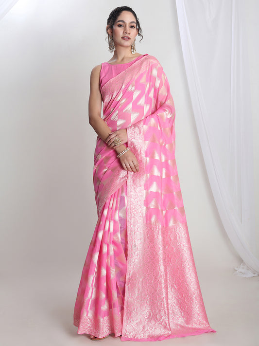 Janasya Women's Pink Silk Blend Geometric Woven Design Jacquard Saree with Blouse Piece