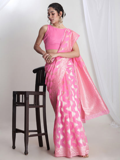 Janasya Women's Pink Silk Blend Geometric Woven Design Jacquard Saree with Blouse Piece