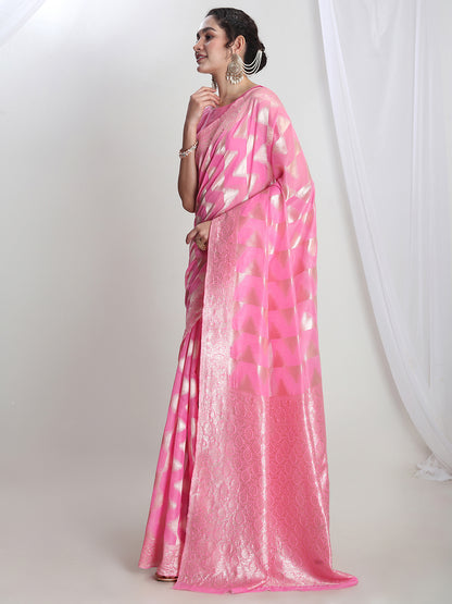Janasya Women's Pink Silk Blend Geometric Woven Design Jacquard Saree with Blouse Piece