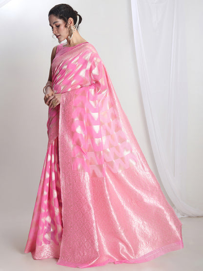 Janasya Women's Pink Silk Blend Geometric Woven Design Jacquard Saree with Blouse Piece