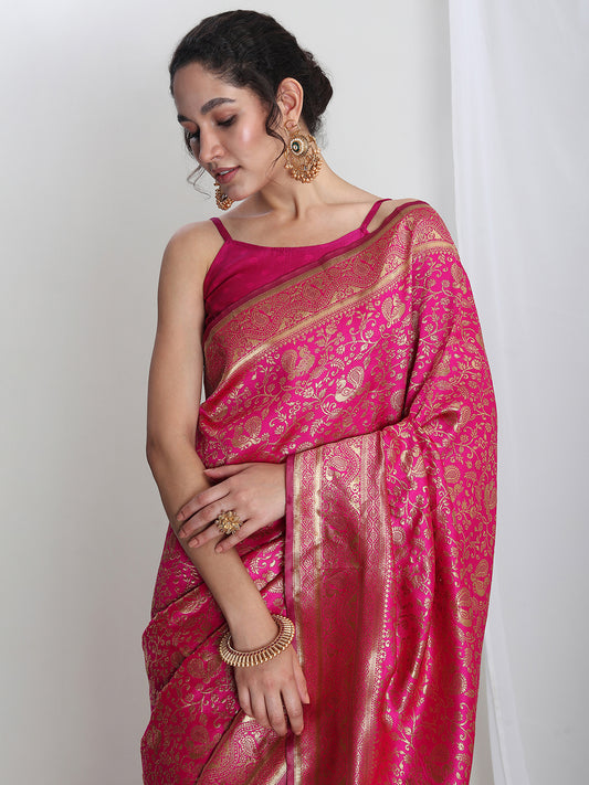 Janasya Women's Pink Silk Blend Floral Woven Design Jacquard Saree with Blouse Piece