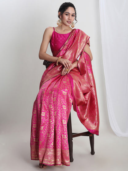 Janasya Women's Pink Silk Blend Floral Woven Design Jacquard Saree with Blouse Piece