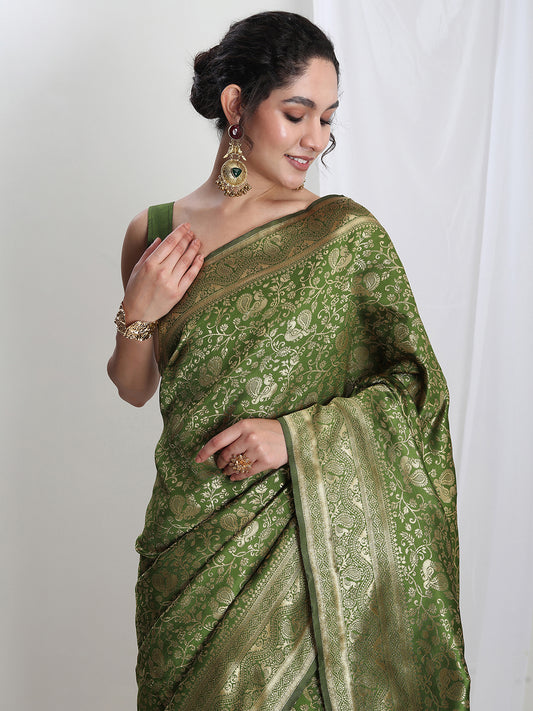 Janasya Women's Green Silk Blend Floral Woven Design Jacquard Saree with Blouse Piece