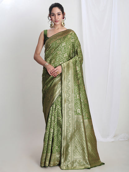 Janasya Women's Green Silk Blend Floral Woven Design Jacquard Saree with Blouse Piece