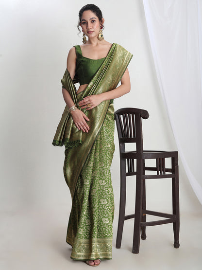 Janasya Women's Green Silk Blend Floral Woven Design Jacquard Saree with Blouse Piece
