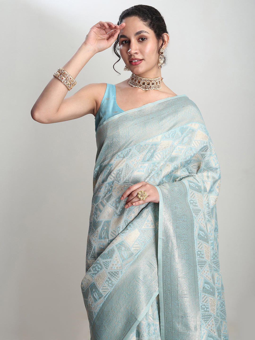 Janasya Women's Sky Blue Silk Blend Geometric Woven Design Jacquard Saree with Blouse Piece